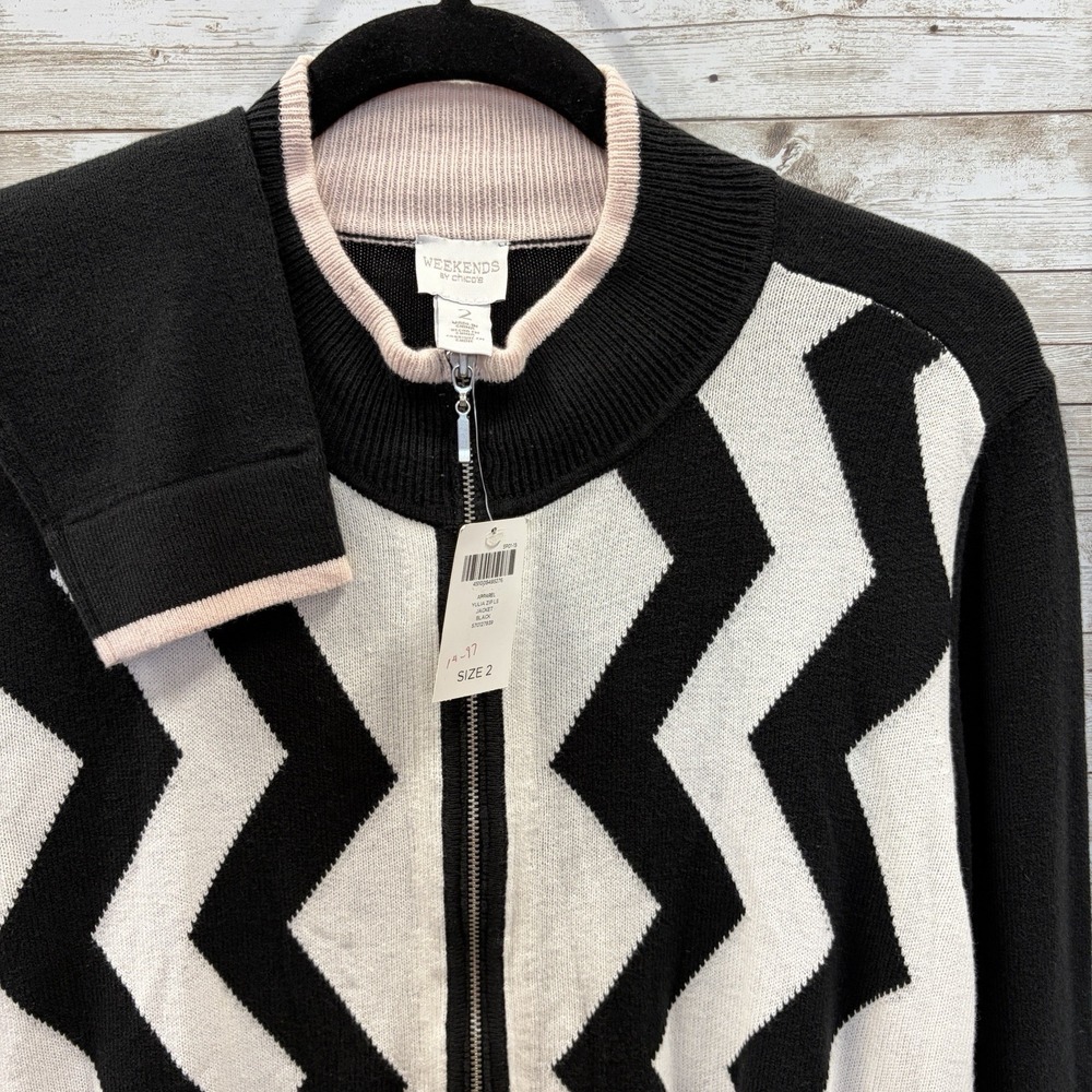 NWT Weekends by Chico's Womens 2 (L) Cardigan Sweater Black White Chevron Zip
